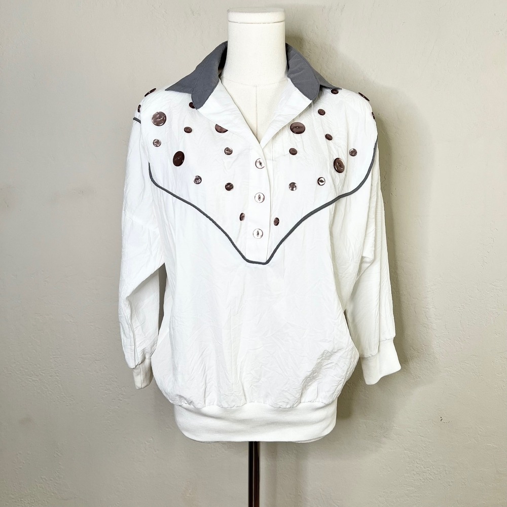 Regal Vintage 80s Western Pullover Top White Unique Button Detail XS Made in USA